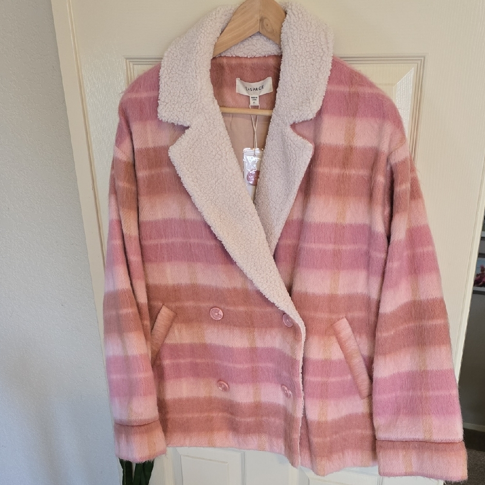 L*Space Pink and Cream Plaid Teddy Jacket